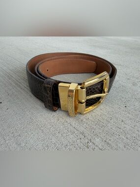 Ferrini Italy Genuine Crocodile Alligator Leather Belt Brown Gold Buckle Size 44